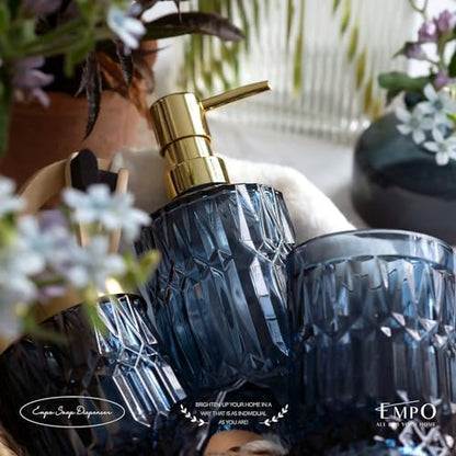 EMPO 6PCS Bathroom Clear Glass Accessories Set (Lotion Soap Dispenser, Soap Dish, Toothbrush Holder, Tumbler, Cotton Swab Jar), Contemporary Modern Decor Crystal Vintage Gift (6pcs Blue)