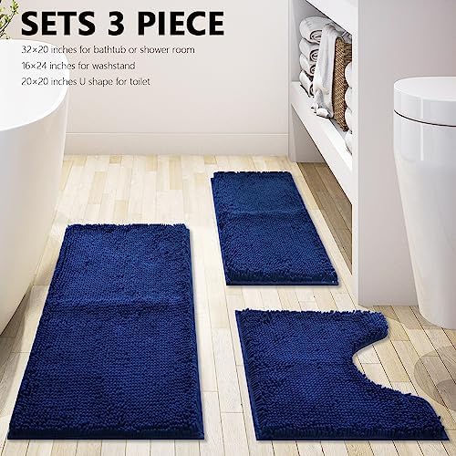 Bathroom Rugs Chenille 3-Piece Extra Soft and Absorbent Shag Bathroom Rugs, Machine Wash Mat, Strong PVC Non-Slip Underside, Plush Carpet Mats (Navy Blue)