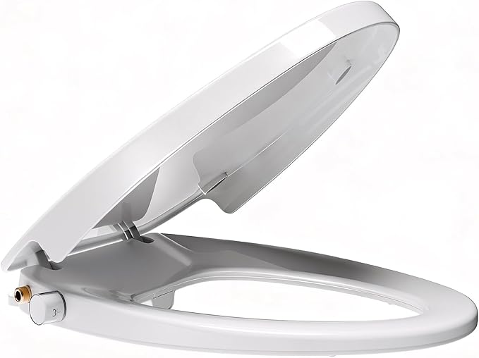 Elongated Bidet Toilet Seat with Soft-Close Lid, Self-Cleaning Dual Nozzles, Non-Electric Bidet Seat with Adjustable Water Pressure, White Toilet Seat for Elongated Toilets with Brass Inlet