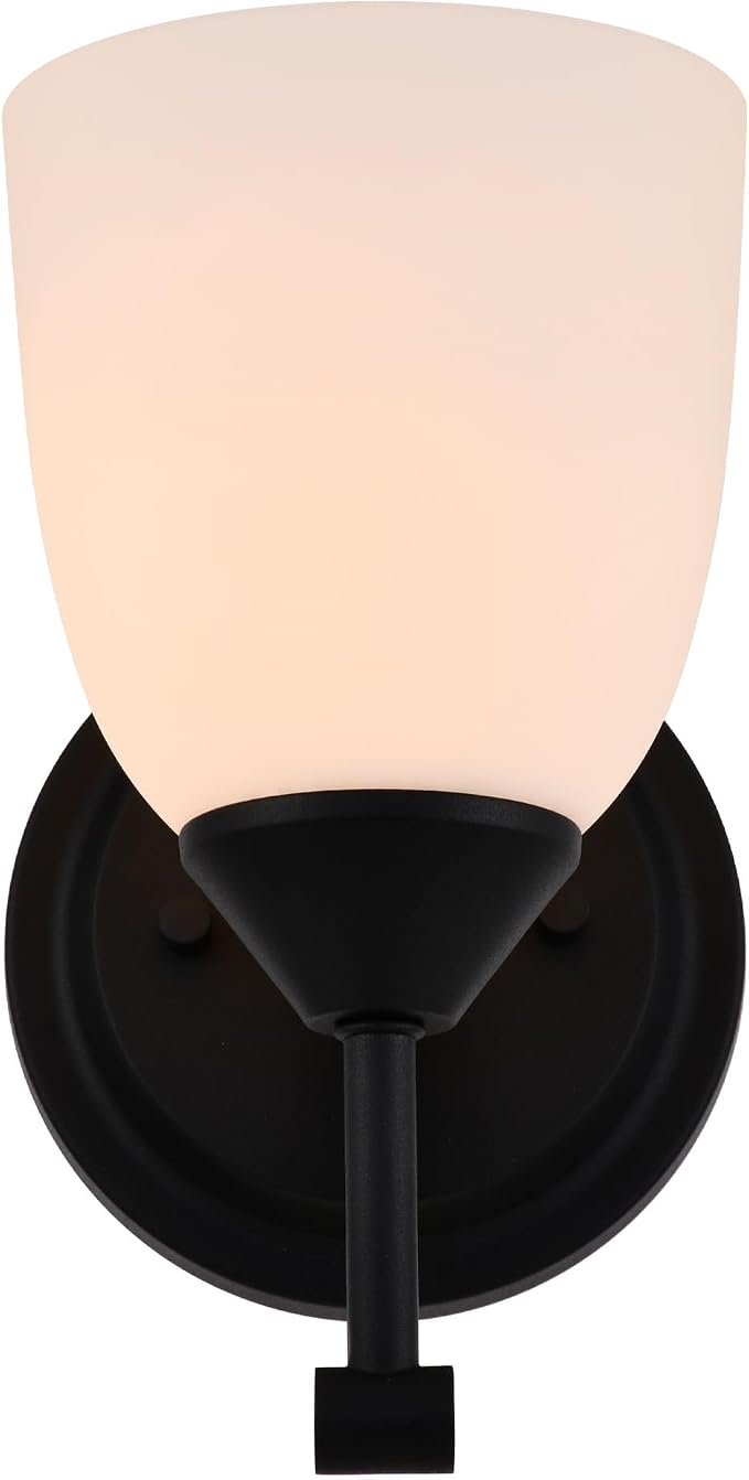 Traditional 1-Light Indoor Black Wall Sconce with Frosted Glass Bathroom Bedroom Hallway, 9.6" H x 5.5" W, Textured Black