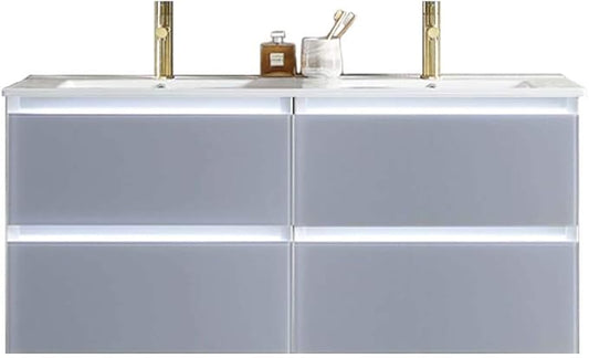 Blossom 48 inch LED Lighted Bathroom Vanity with Ceramic Sink | Wall Mounted Vanity with Dimmable LED Lights | Modern Floating Design for Bathrooms | 48" w/Ceramic Sink, Light Grey
