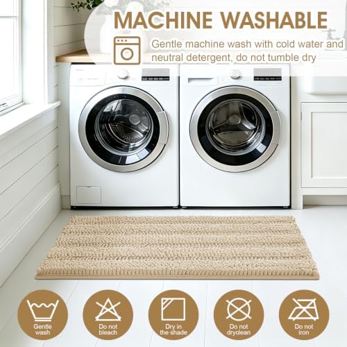 ACCUMTEK Striped Beige Bathroom Rug Mat Set 2 piece 32"x20"+24"x17" Ultra Soft, Non Slip Chenille Bath Rugs, Absorbent Plush Shaggy Bath Mats for Bathroom, Bedroom, Kitchen, Shower, Tub