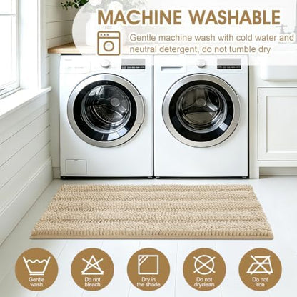 ACCUMTEK Striped Beige Bathroom Rug Mat Set 2 piece 32"x20"+24"x17" Ultra Soft, Non Slip Chenille Bath Rugs, Absorbent Plush Shaggy Bath Mats for Bathroom, Bedroom, Kitchen, Shower, Tub