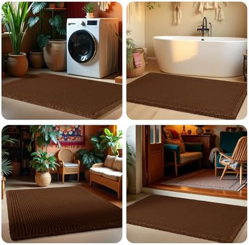 Waffle Bath Mat, Boho Woven Modern Bath Rug Absorbent Non Slip, Ultra Soft Bathroom Mats, Machine Washable Knit Bath Rugs with Border for Bathroom, Bedroom, Kitchen, Shower, Tub, 32"x20", Brown