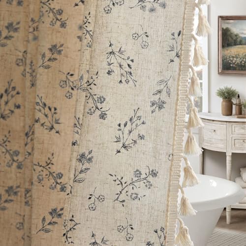 Black Floral Farmhouse Vintage Linen Shower Curtain with Tassel 72Wx72H
