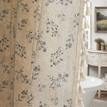 Black Floral Farmhouse Vintage Linen Shower Curtain with Tassel 72Wx72H