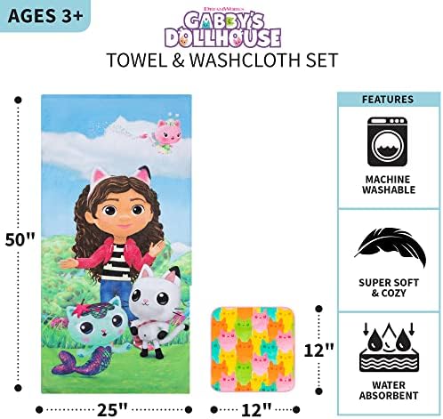 Franco Gabby's Dollhouse, Gabby, Mercat and Pandy Kids Bath/Pool/Beach Soft Absorbent Cotton Terry Towel with Washcloth 2 Piece Set, 50 in x 25 in, (Official DreamWorks Product)