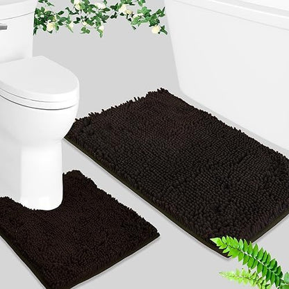 BOANKODU Bathroom Rugs Sets 2 Piece, Absorbent Bath Mat for Bathroom Very Soft Chenille Non-Slip, 32x20 Inch + 20x20 Inch U Shape Bathroom Mat, Machine Washable Bath Rugs (Coffee)