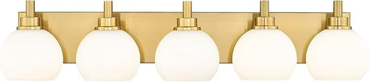 Bathroom Light Fixtures, 5-Light Brushed Gold Bathroom Vanity Lights Over Mirror with Globe Milk White Glass Shade, 32 Inch Modern Vanity Lighting Fixtures, VL195-BG-ML-5