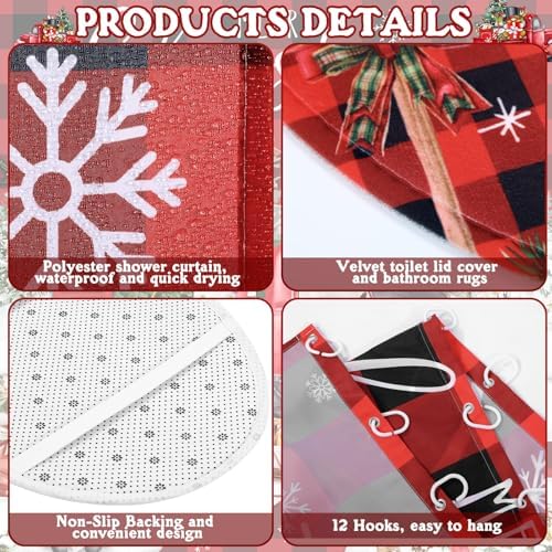 FuWeave 8 Pcs Christmas Shower Curtain Set Xmas Santa Bathroom Decoration Christmas Tree Hand Towels Snowman Toilet Lid Cover Bathroom Rugs Xmas Shower Curtain with Hooks(Buffalo Plaid)