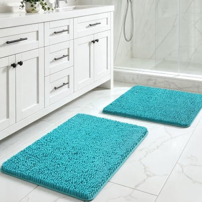 LOCHAS Bathroom Rug Shaggy Bath Mat 2 Piece, 24 x 17 Inch, Teal Blue