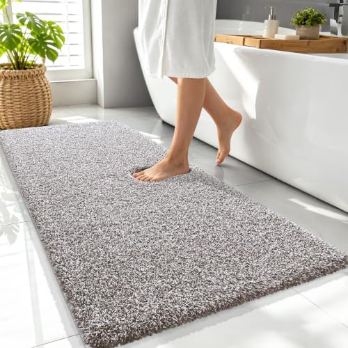 OLANLY Microfiber Bathroom Rugs 47x24, Quick Dry Bath Mat, Brown and White
