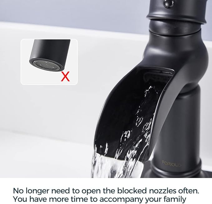 FORIOUS Black Waterfall Bathroom Faucet, Single Handle Antique Bathroom Sink Faucet with Deck Plate, Lead-Free CUPC Hose and Metal Pop-up Drain for 1 Hole or 3 Hole Farmhouse, Lavatory, Vanity