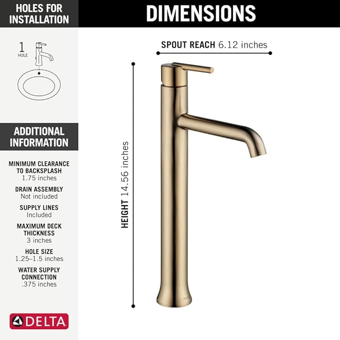 Delta Trinsic Vessel Sink Brushed Gold Bathroom Faucet 1 Hole, Single Hole Bathroom Sink Faucet for Vanity, Champagne Bronze 759-CZ-DST