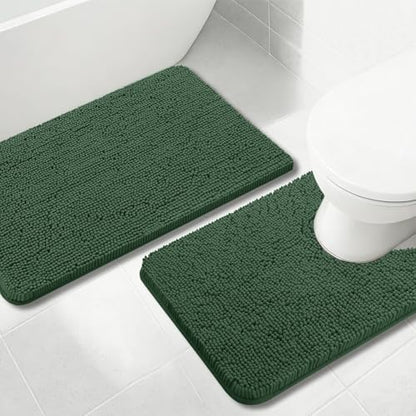 Bathroom Rugs Chenille, Extra Thick and Absorbent, Non-Slip, Machine Washable, Dry Quckily, Soft Cozy Plush, Used Under Shower Bathtub and Sink, Bath mat Sets Dark Green