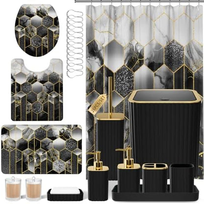 XLHOMO Bathroom Set - 26PC Bathroom Set with Shower Curtain and Rugs, Bathroom Accessory Set, Black Bathroom Accessories Set, Trash Can & Soap Dispenser