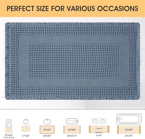 Upgrade Waffle Bath Mat, Boho Bathroom Rugs Absorbent Non Slip, Ultra Soft Bathroom Mat, Machine Washable Knit Bath Rugs with Tassels for Bathroom, Bedroom, Kitchen, Shower, Tub, 32"x20", Blue