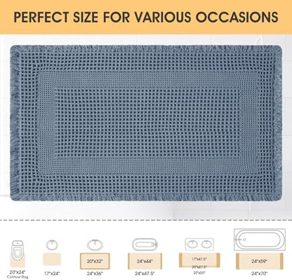Upgrade Waffle Bath Mat, Boho Bathroom Rugs Absorbent Non Slip, Ultra Soft Bathroom Mat, Machine Washable Knit Bath Rugs with Tassels for Bathroom, Bedroom, Kitchen, Shower, Tub, 32"x20", Blue