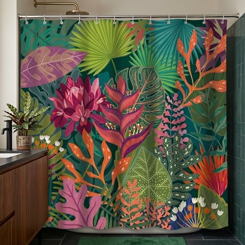 Tropical Floral Leaves Shower Curtain, Vibrant Jungle Botanical Design with Colorful Leaves, Polyester Fabric 72x72 Inches Includes 12 Hooks, Ideal Bathroom Décor for Nature Lovers
