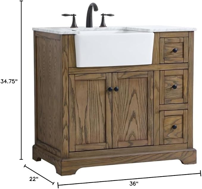 36" Pre-Assembled Bathroom Vanity with Sink, Solid Birch and MDF, Carrara White Marble Countertop Attached, Single Rectangle Porcelain Sink, 3 Soft-Close Drawers, Driftwood
