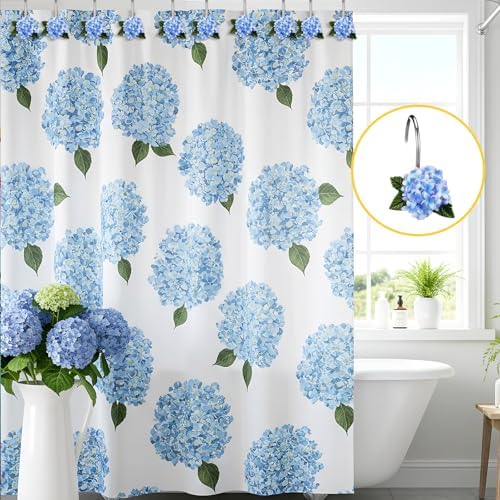 Amyhill 12 Pcs Hydrangea Decorative Shower Curtain Hooks Blue Flower Shower Curtain Rings Hanger Stainless Steel Resin Spring Floral Themed Hooks for Home Bathroom Decor
