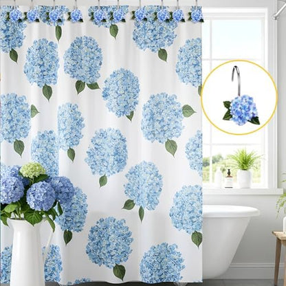 Amyhill 12 Pcs Hydrangea Decorative Shower Curtain Hooks Blue Flower Shower Curtain Rings Hanger Stainless Steel Resin Spring Floral Themed Hooks for Home Bathroom Decor