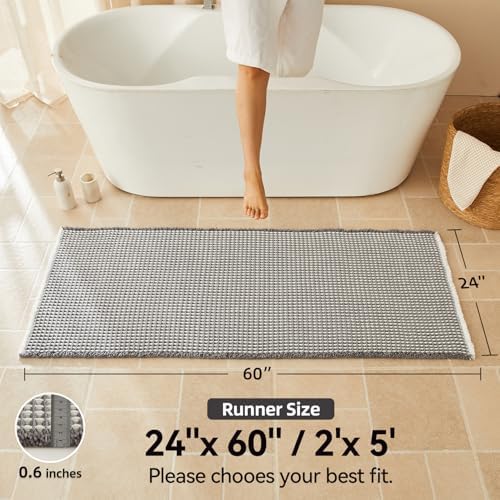 Triohero Waffle Runner Rug Bathroom, Long Boho Bath Mat, 24x60 Grey & White