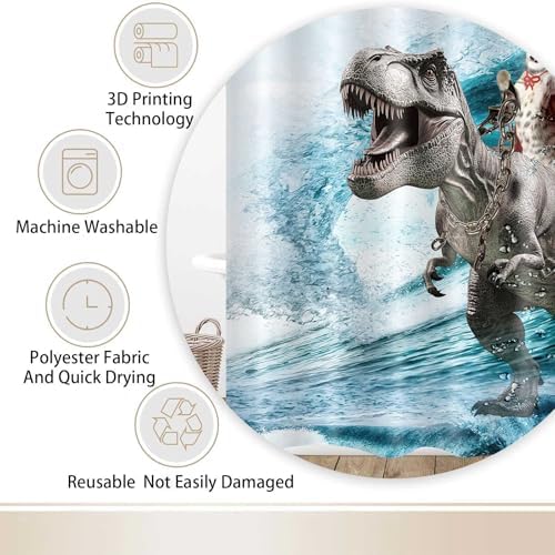 Funny Cat Shower Curtain, Cool Cat Dinosaur Japanese Ocean Wave Shower Curtain, Cat Riding Dinosaur Fun Shower Curtain Nautical Kids Children Rustic Wooden Farmhouse Shower Curtain, 72X84inch, Blue
