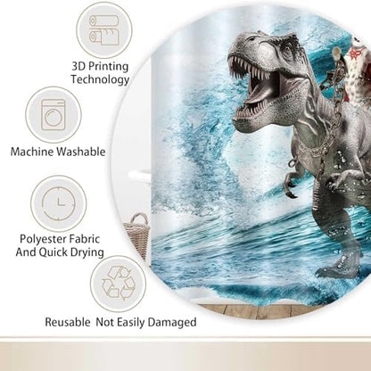 Funny Cat Shower Curtain, Cool Cat Dinosaur Japanese Ocean Wave Shower Curtain, Cat Riding Dinosaur Fun Shower Curtain Nautical Kids Children Rustic Wooden Farmhouse Shower Curtain, 72X84inch, Blue