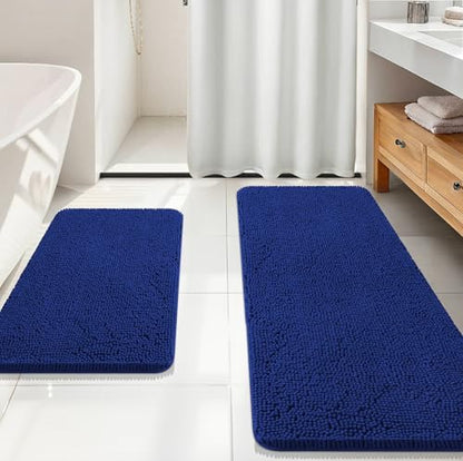OLANLY Chenille Bathroom Rugs Mats Sets 2 Piece, 59"x20"+30"x20", Navy