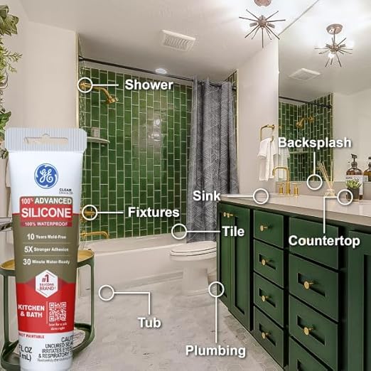 GE Advanced Silicone Caulk for Kitchen & Bathroom, Clear, 2.8 fl oz Tube, 1 Pack - 100% Waterproof Silicone Sealant, 5X Stronger Adhesion, Shrink & Crack Proof