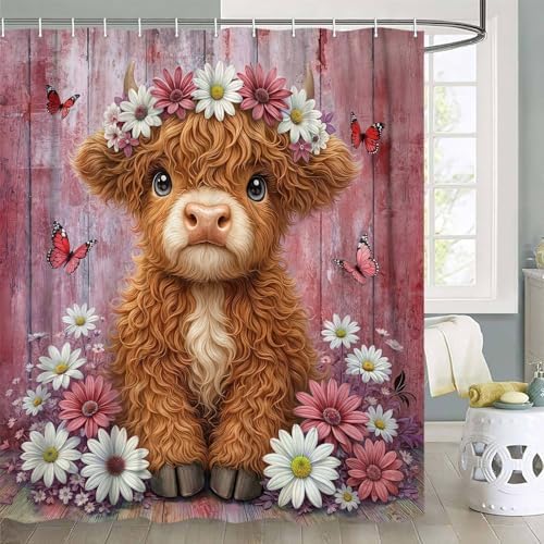 Cute Cow Shower Curtain, Farmhouse Rustic Pink Floral Daisy Highland Cow Shower Curtains for Bathroom, Calf Country Farm Animal Garden Plant Fabric Bathroom Decor with Hooks, 60x72 inch