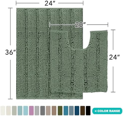 2-Piece Bathroom Rug Set with U-Shaped Mat, Absorbent Chenille, Green Bay