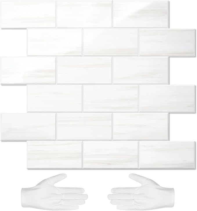 STICKGOO Peel and Stick Backsplash on Subway Tiles, Glossy Dolomite White | 10-Sheet Stick on Kitchen Backsplash, Waterproof, Self Adhesive PVC Wall Tiles for Kitchen, Bathroom, Fireplace