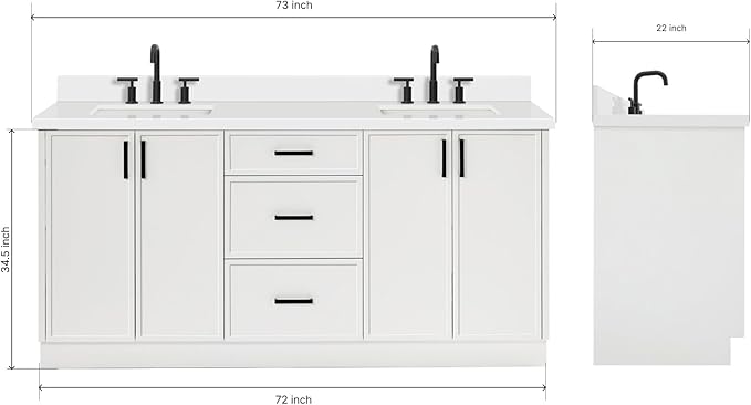 ARIEL Kelly 72-inch Bathroom Vanity with Sink,Solid Wood, 1.5-inch Pure White Quartz Countertop & Backsplash, Double Rectangular Porcelain Sink, 4 Soft Closing Doors, 5 Dovetail Drawers, White