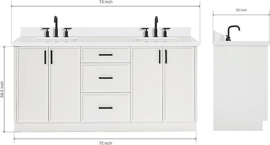 ARIEL Kelly 72-inch Bathroom Vanity with Sink,Solid Wood, 1.5-inch Pure White Quartz Countertop & Backsplash, Double Rectangular Porcelain Sink, 4 Soft Closing Doors, 5 Dovetail Drawers, White