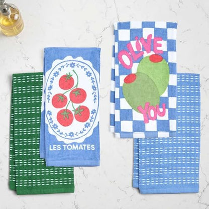 Ritz 4-Piece Kitchen Towel Set, Tomato & Olive Prints with Pine Green & Blue Textured Terry, 100% Cotton & Absorbent Blend, 16" x 26", Vintage Mediterranean Foodie Kitchen Decor
