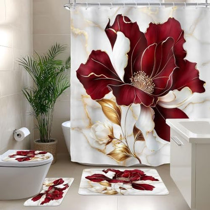 Burgundy Red Maroon Marble Floral 4Pcs Bathroom Shower Curtain Set with Rug