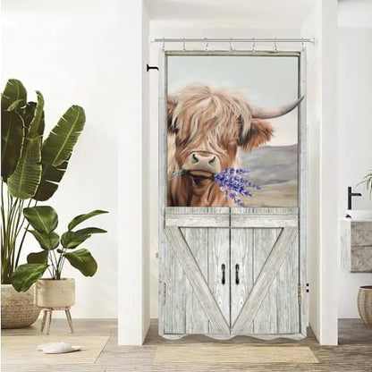 Stall Bull Highland Cow Shower Curtain 36Wx72L Inch Funny Barn Door Small Half Narrow Farmhouse Rustic Wood Wooden Vintage Animal Bathroom Set Accessories Decor with Plastic Hooks