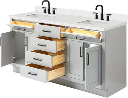 DKB Isabella 72 Inch Bathroom Vanity Double Sink — Grey Bathroom Vanity with Sink, 1.5" Edge Pure White Quartz Countertop, 4 Soft-Close Doors, 4 Dovetail Drawers, and 2 Tilt Drawers
