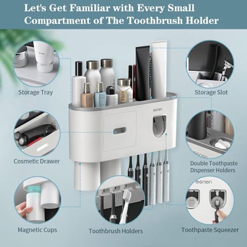 Toothbrush Holders for Bathrooms Wall Mounted, 6 Slot Toothbrush Holder with 2 Automatic Toothpaste Dispensers, 2 Magnetic Cups, Large Capacity Bathroom Organizer, Wall Storage with Drawer