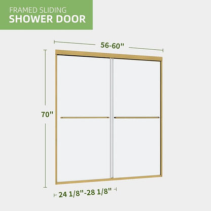 ACE DECOR Double Sliding Shower Door, 56-60" W x 70" H, Brushed Gold Finish | Bypass Semi-Frameless Shower Doors, 6mm Clear SGCC Tempered Glass, Easy-Clean Nano Coating&Leak-proof&Reversible Installation