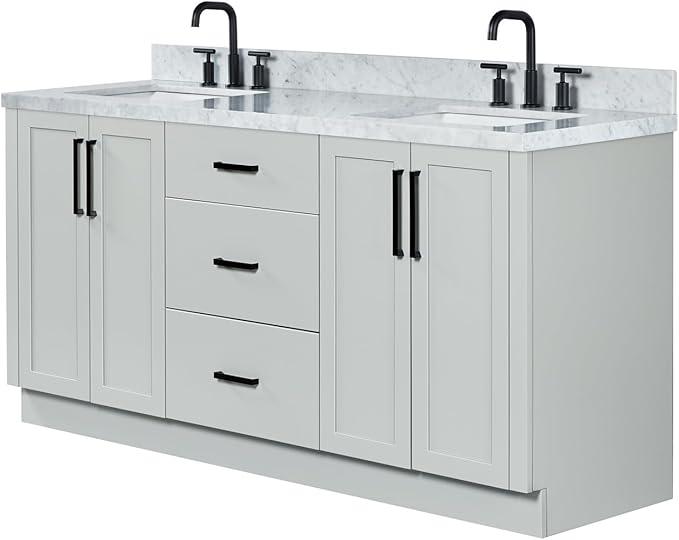 ARIEL Loren 72-inch Bathroom Vanity with Sink,Solid Wood, 1.5-inch Italian Carrara Marble Countertop, Double Rectangular Porcelain Sink, 4 Soft Closing Doors, 3 Dovetail Drawers, Grey