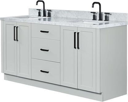 ARIEL Loren 72-inch Bathroom Vanity with Sink,Solid Wood, 1.5-inch Italian Carrara Marble Countertop, Double Rectangular Porcelain Sink, 4 Soft Closing Doors, 3 Dovetail Drawers, Grey