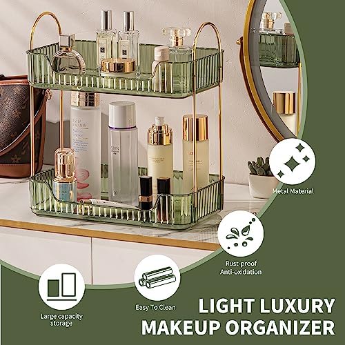 Akinbas 2 Tier Bathroom Organizer Countertop Makeup Perfume Tray Skincare Organizer for Bathroom Dresser Vanity (Green)
