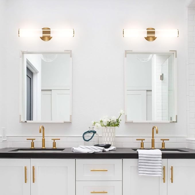 Brushed Gold Wall Sconces Set of 2 (Hardwired Only), Bathroom Vanity Light Fixtures, Modern Mikly White Glass Wall Lights for Mirror 28-40 inch Height, NOT Battery Operated, E26 Base (Without bulb)