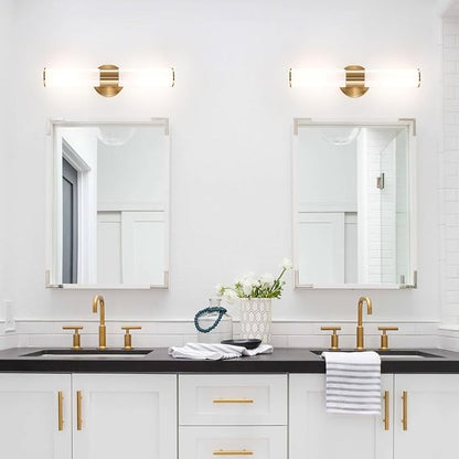 Brushed Gold Wall Sconces Set of 2 (Hardwired Only), Bathroom Vanity Light Fixtures, Modern Mikly White Glass Wall Lights for Mirror 28-40 inch Height, NOT Battery Operated, E26 Base (Without bulb)