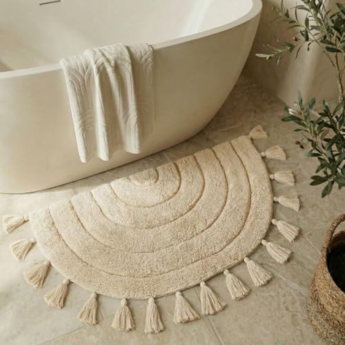 Beautiful Boho Rug with Tassels - Soft Half Circle Cotton Bathroom Mat
