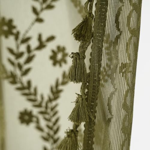 WAZZIO Olive Green Lace Shower Curtain for Bathroom 72" W x 72" L, Victorian Farmhouse Floral Pattern Tassel Fancy Shower Curtain Boho Washable Cloth Decorative Bath Curtains,1 Panel