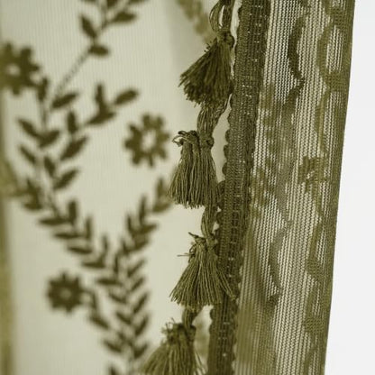 WAZZIO Olive Green Lace Shower Curtain for Bathroom 72" W x 72" L, Victorian Farmhouse Floral Pattern Tassel Fancy Shower Curtain Boho Washable Cloth Decorative Bath Curtains,1 Panel
